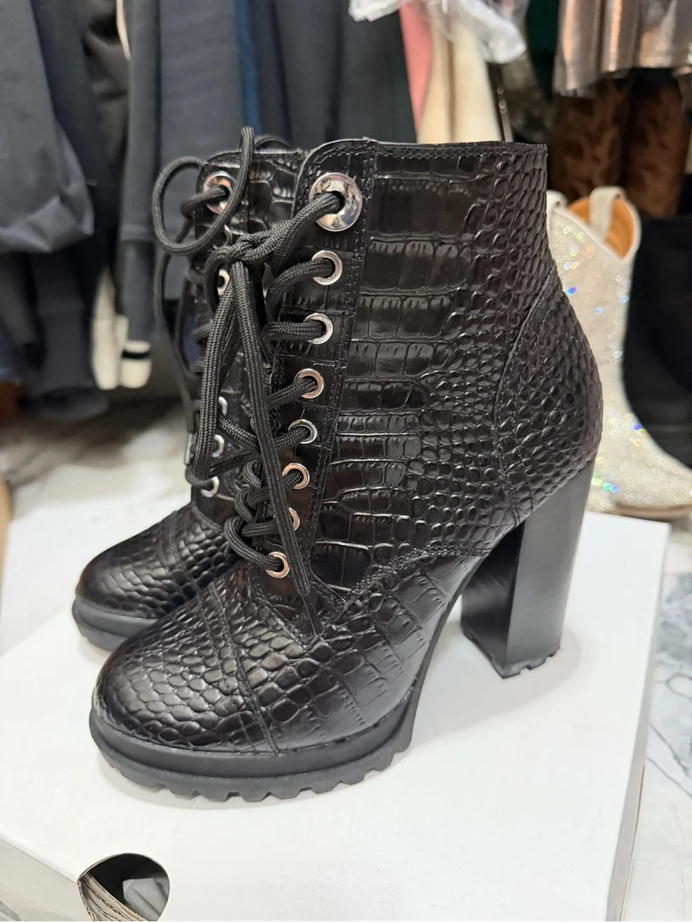 Aldo Black Croc-Embossed Lace-Up Block Heel Ankle Boot